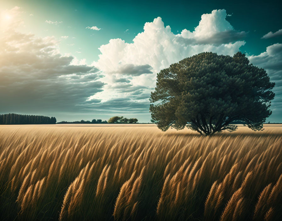 Solitary Tree in Golden Wheat Fields Under Dramatic Sky