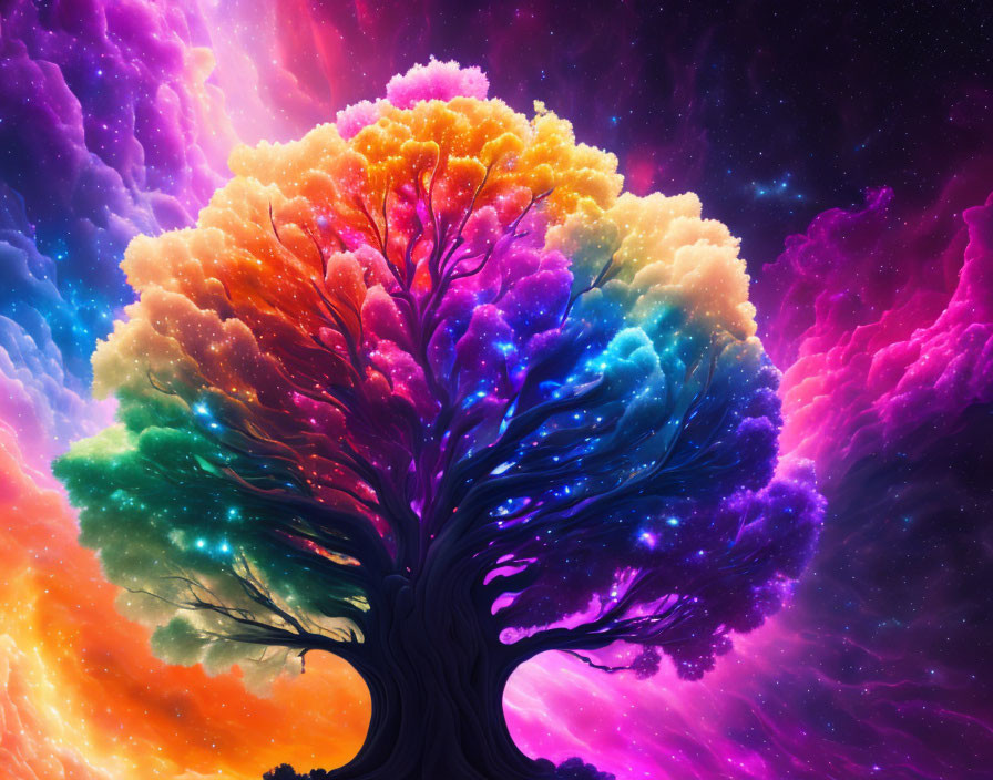 Colorful tree under cosmic sky with swirling nebulae