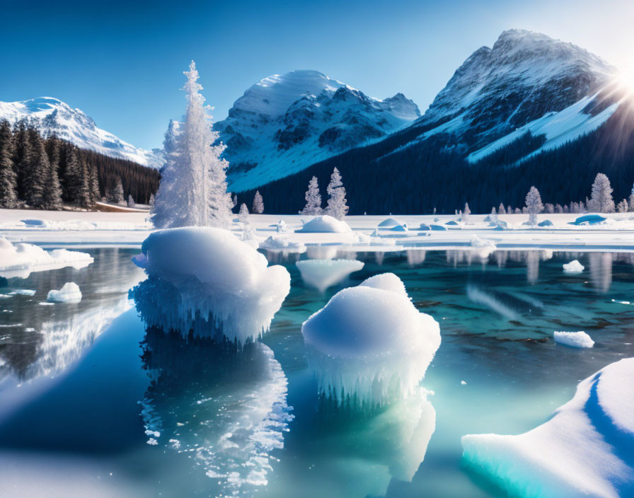 Snow-covered trees and mountains reflected in frozen lake in winter landscape