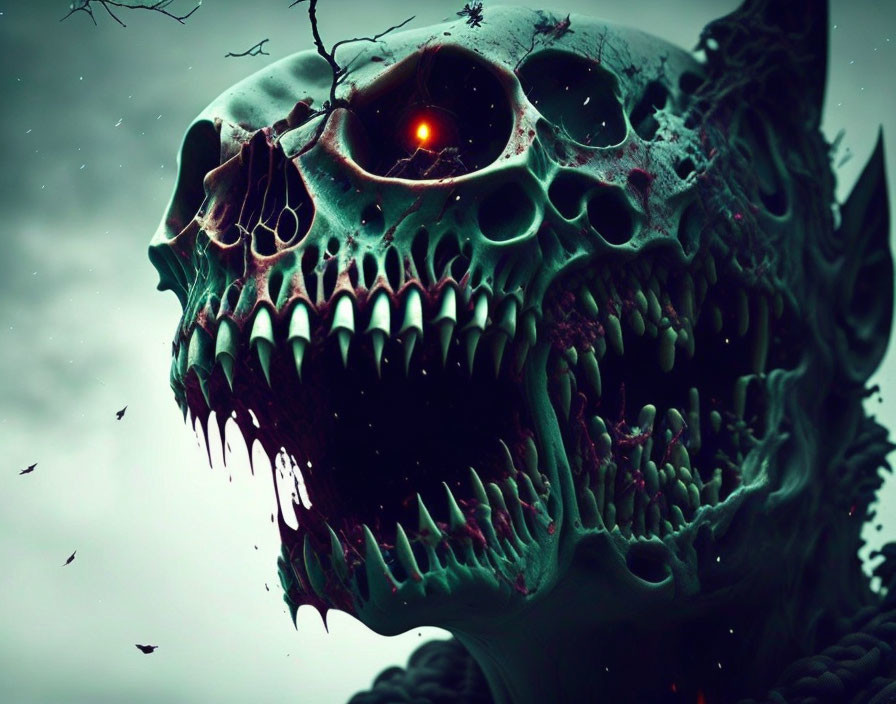 Menacing skull with glowing red eye and sharp teeth in eerie setting