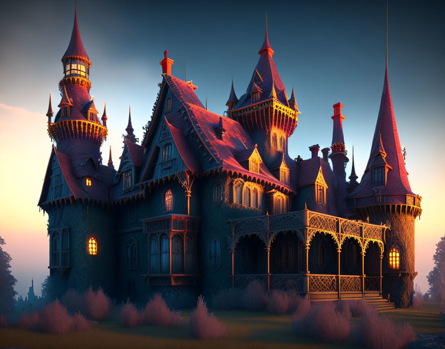 Majestic gothic-style castle at dusk with illuminated towers against dusky sky