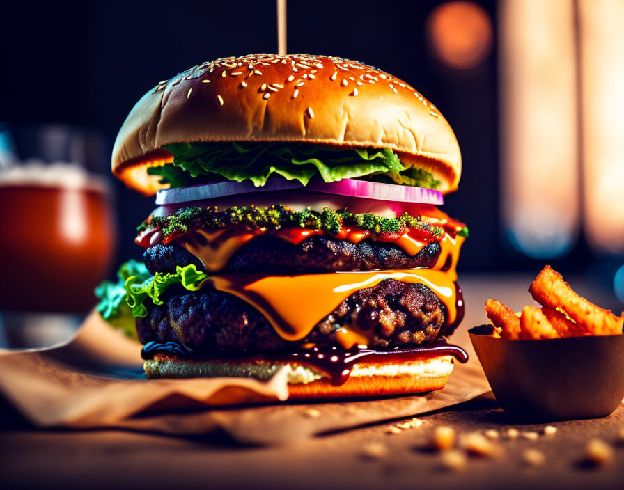 Double Cheeseburger with Lettuce, Tomato, Onions, and Fries on Sesame Seed