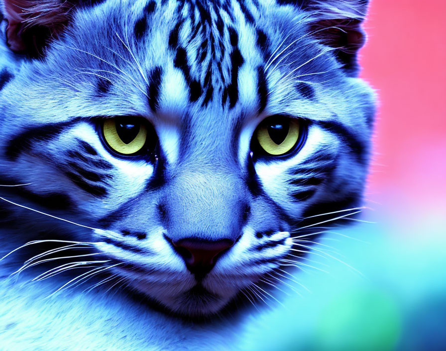 Close-Up of Tiger with Vivid Blue Coat and Yellow Eyes on Red and Green Background