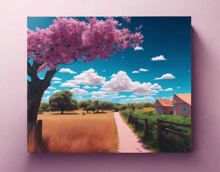 Colorful cherry blossom tree in golden field with path to pink-roofed houses under blue sky