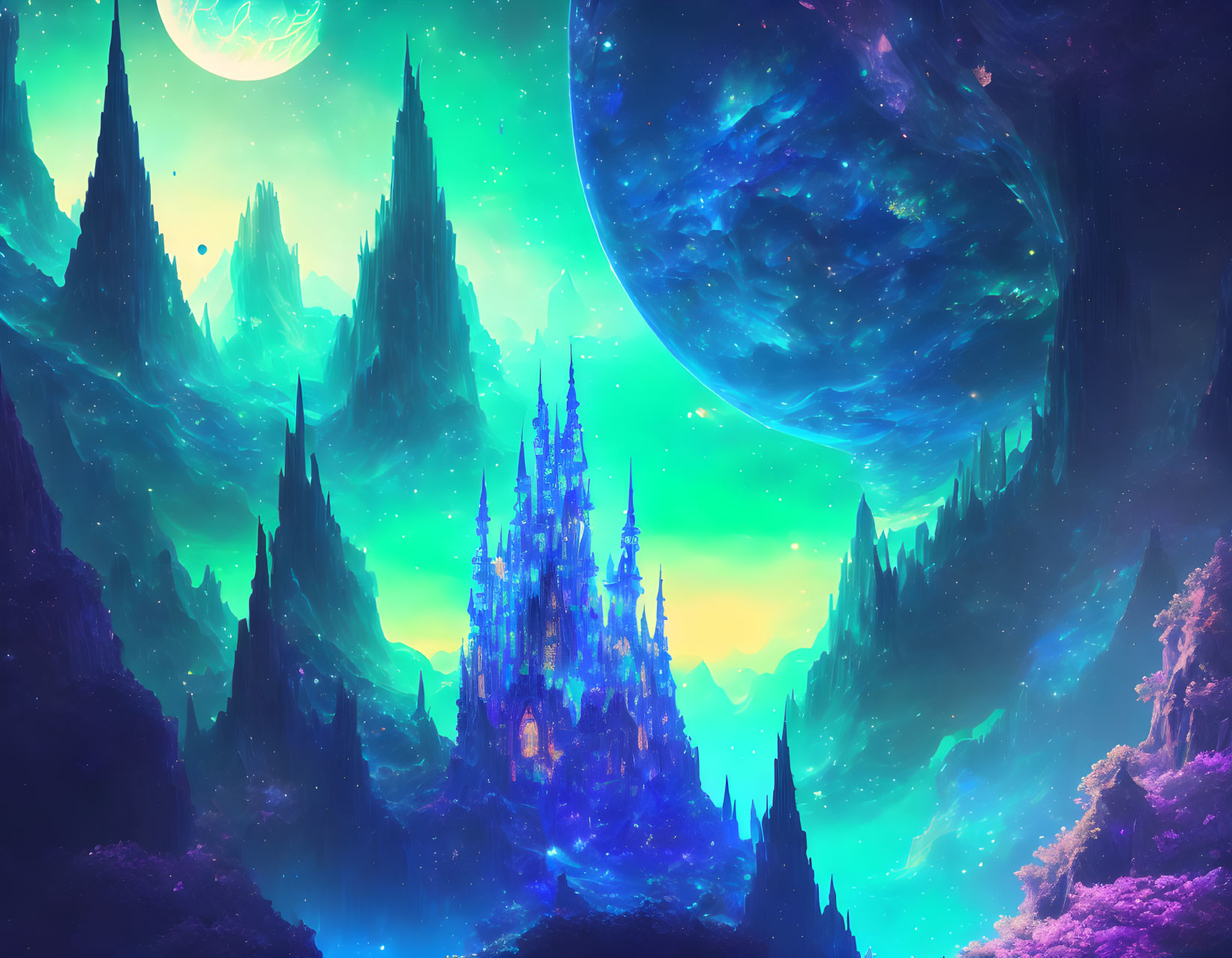 Fantasy landscape with crystalline mountains under starry sky