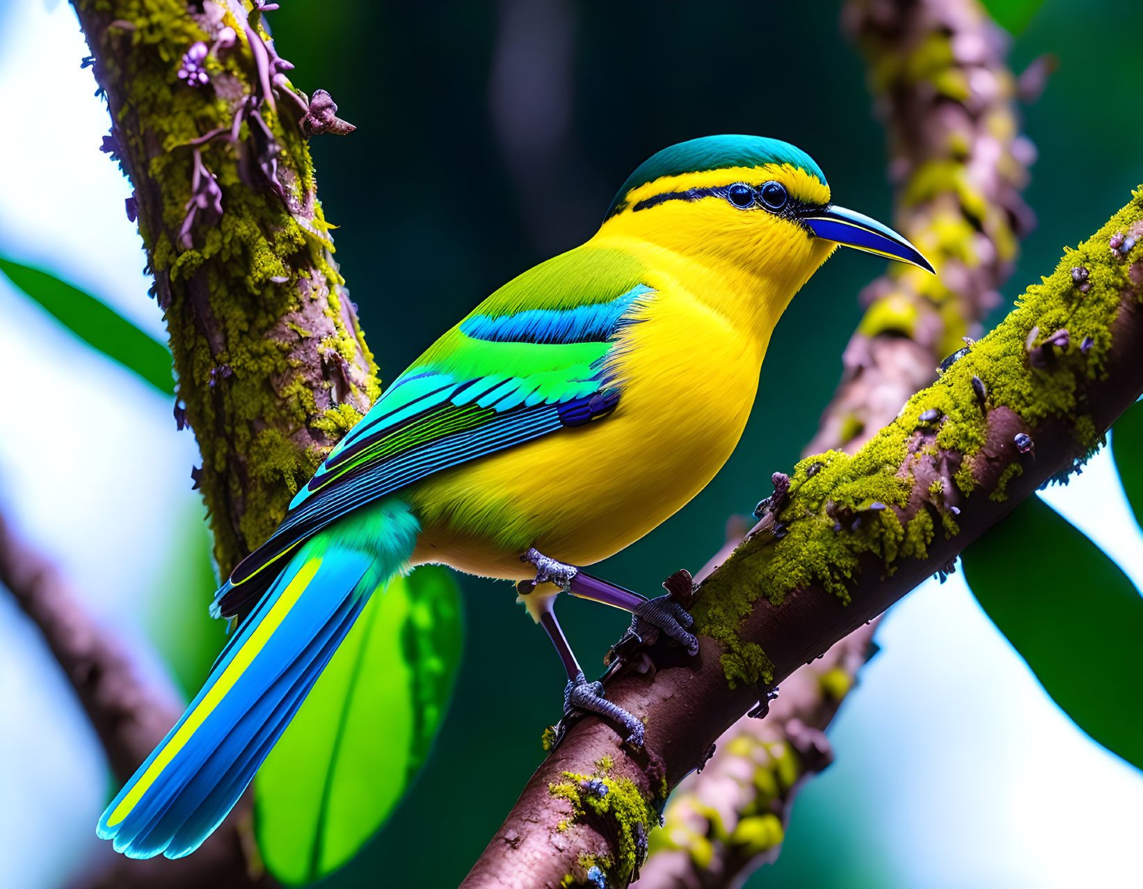 Colorful yellow and blue bird with unique markings perched on mossy branch.