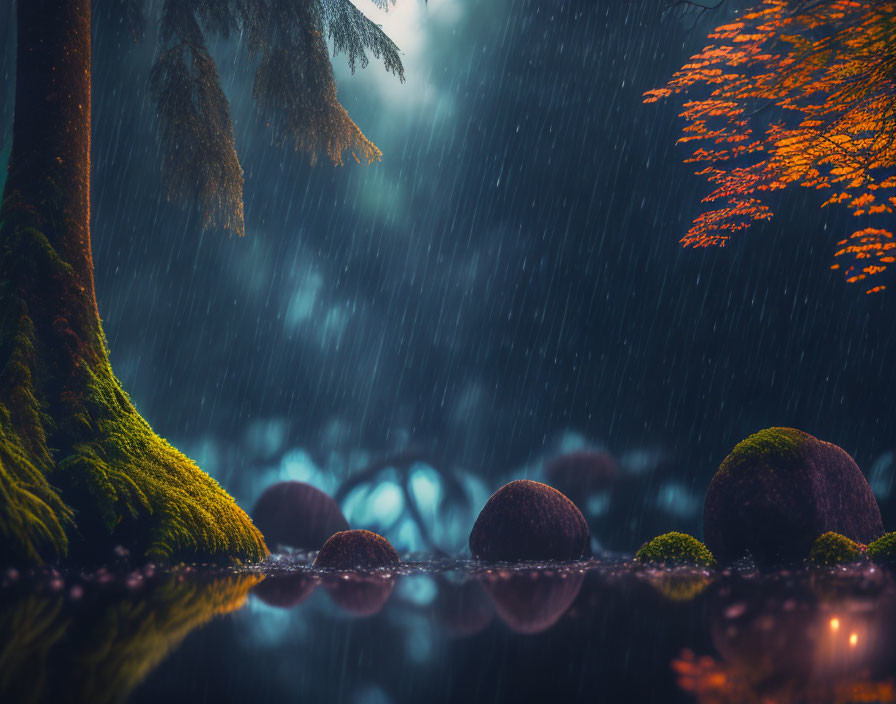 Tranquil forest scene with vibrant foliage and mystical rainfall