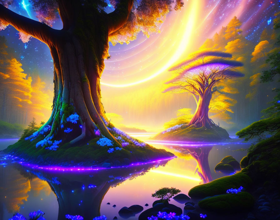 Mystical landscape with large tree, glowing river, and colorful lights