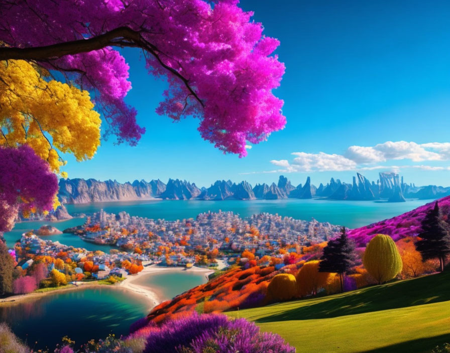 Colorful surreal landscape with vivid trees, blue sky, mountains, and serene lake city