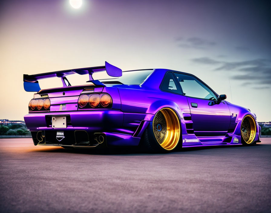 Purple Sports Car with Gold Rims and Large Rear Spoiler at Dusk