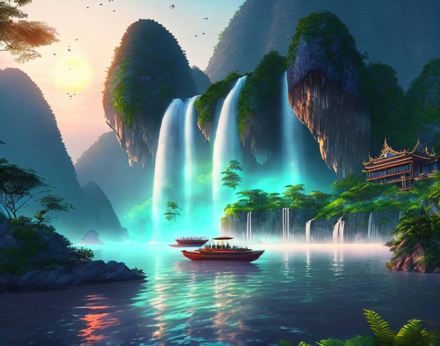 Misty turquoise lake with twin waterfalls, pagoda, and boat