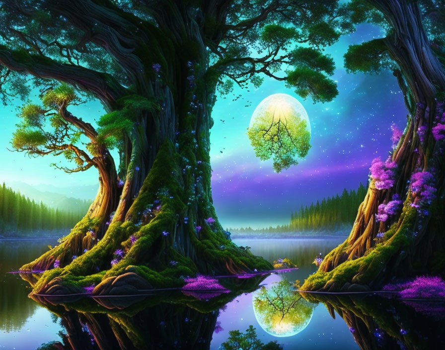 Tranquil fantasy landscape with ancient trees, purple flowers, calm lake, starry sky, full