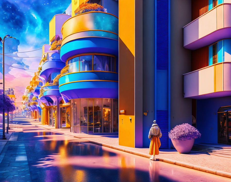 Person in white hat and orange clothes gazes at vibrant, surreal cityscape