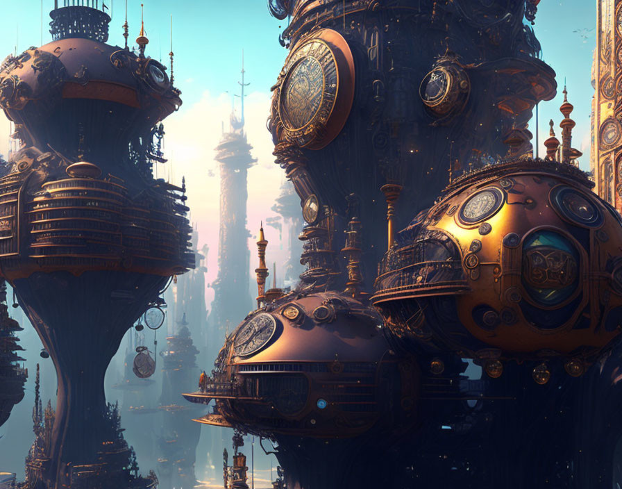 Steampunk cityscape with spherical and tower-like structures