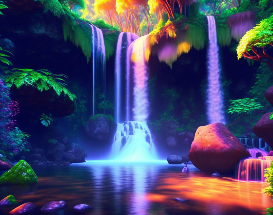 Mystical waterfall landscape with neon colors and serene pond