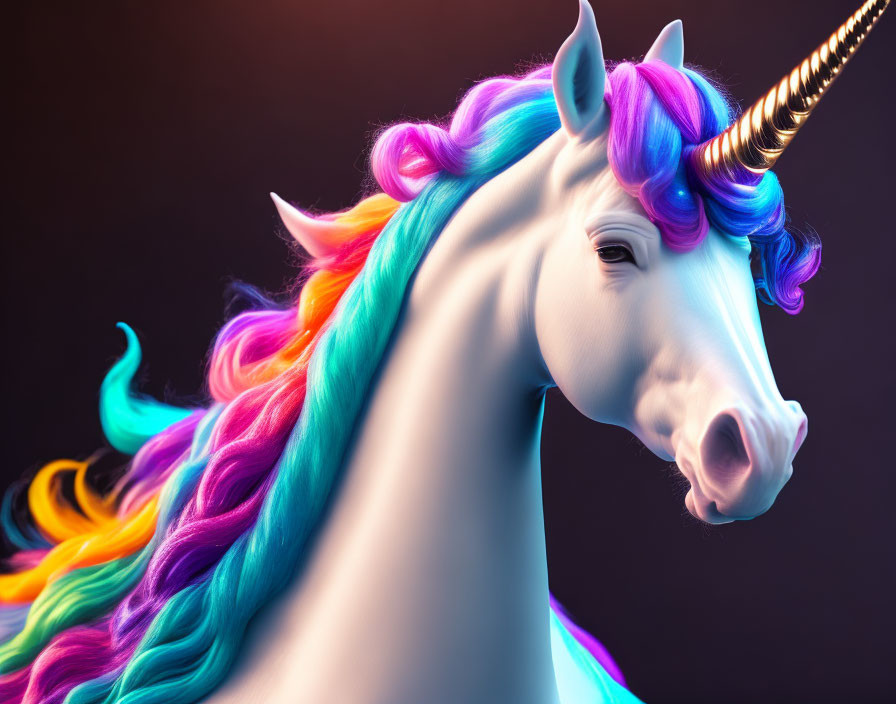 Colorful Unicorn Illustration with Rainbow Mane and Golden Horn on Dark Background