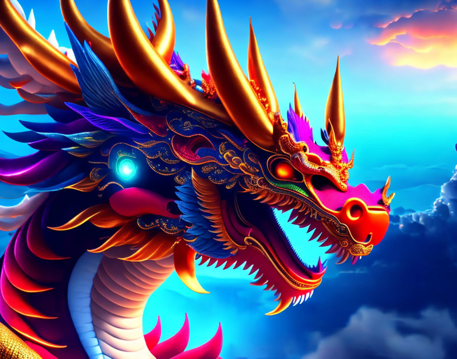 Mythical dragon digital artwork: vibrant scales and horns in blue sky.