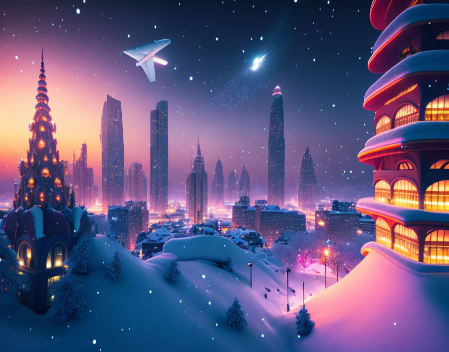 Snow-covered futuristic city at twilight with illuminated buildings, spaceship, and starry sky.