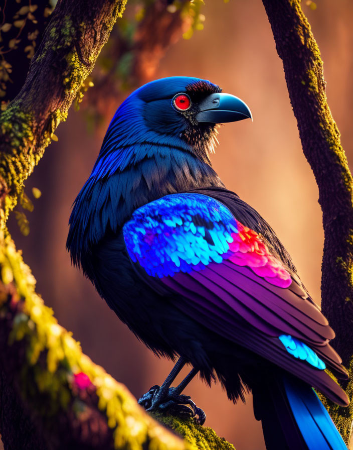 Colorful Bird with Blue and Purple Feathers Perched on Branch