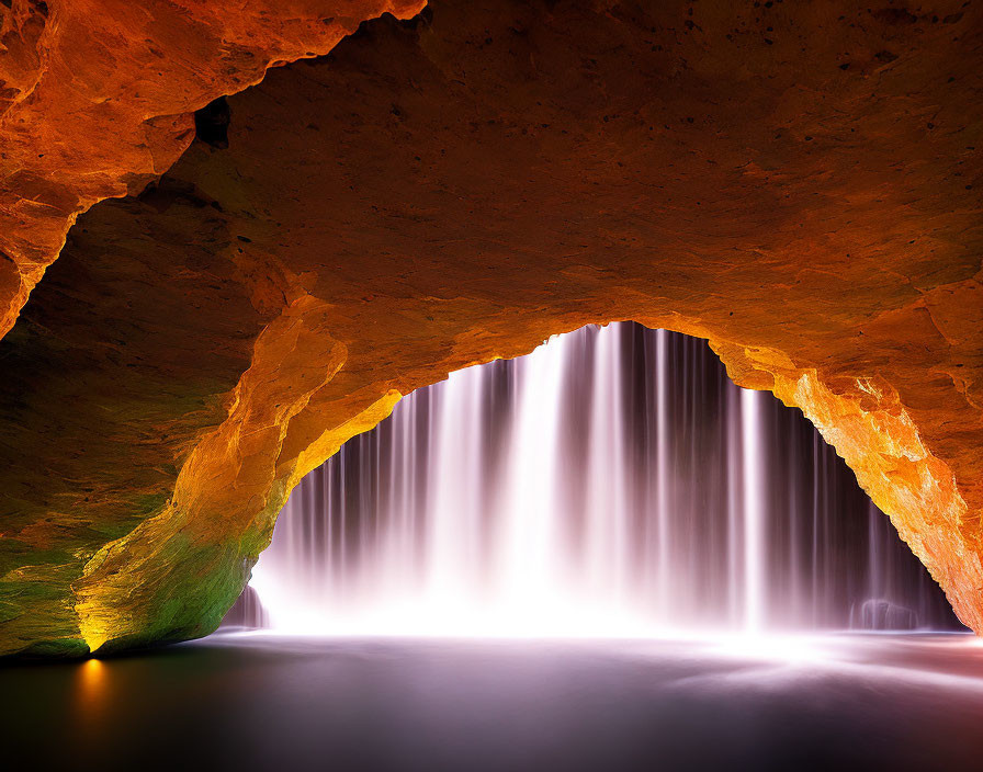 Luminous waterfall cascading through cave with warm glow and tranquil pool