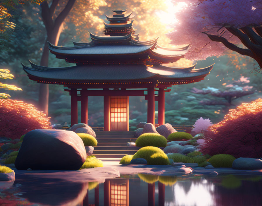 Tranquil Asian garden with illuminated pagoda and cherry blossoms at twilight