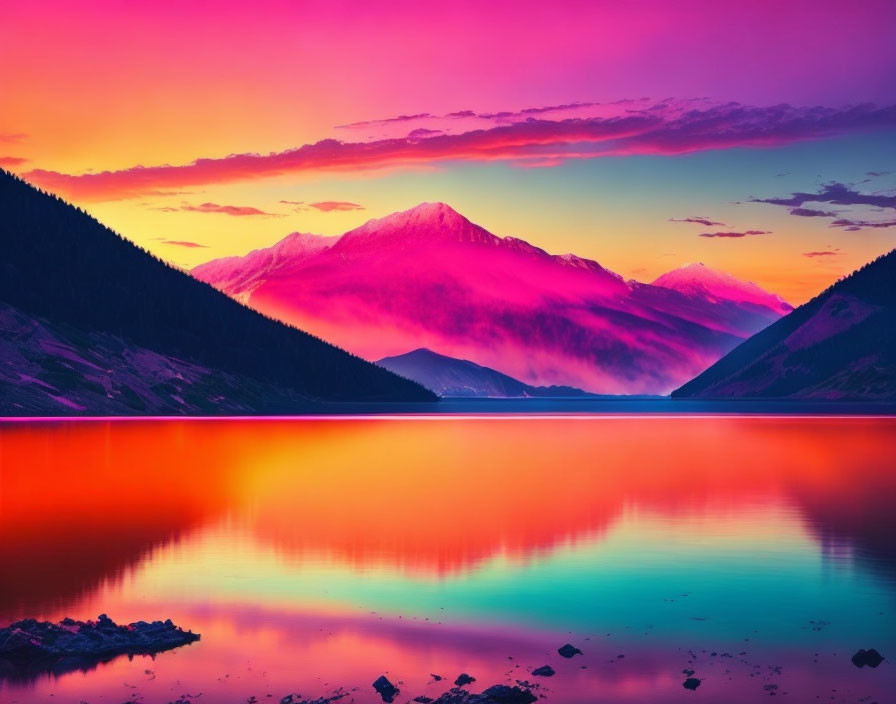 Scenic sunset over tranquil lake with mountain silhouettes