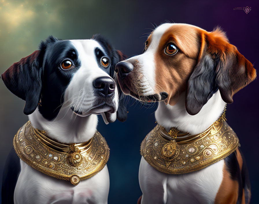 Regal Dogs with Golden Collars on Purple Starry Background