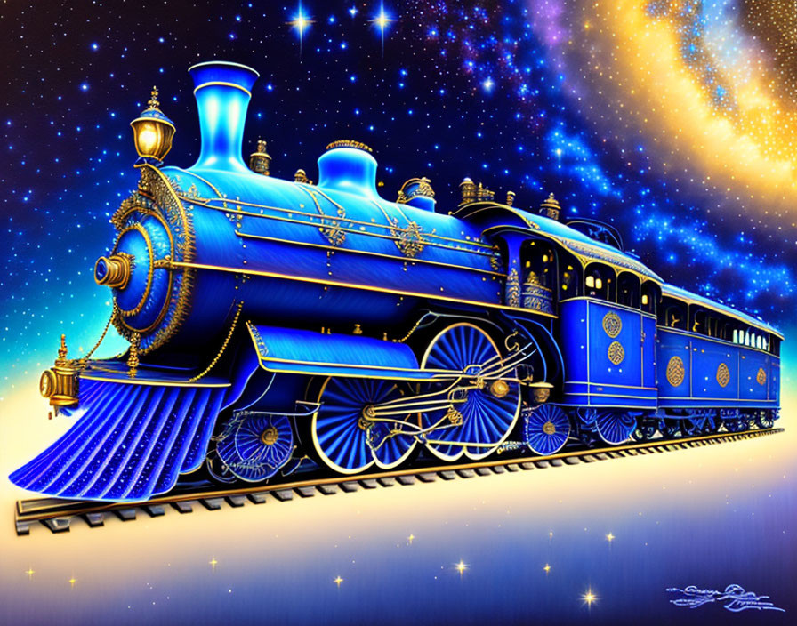 Blue fantasy train with golden details on starry night sky