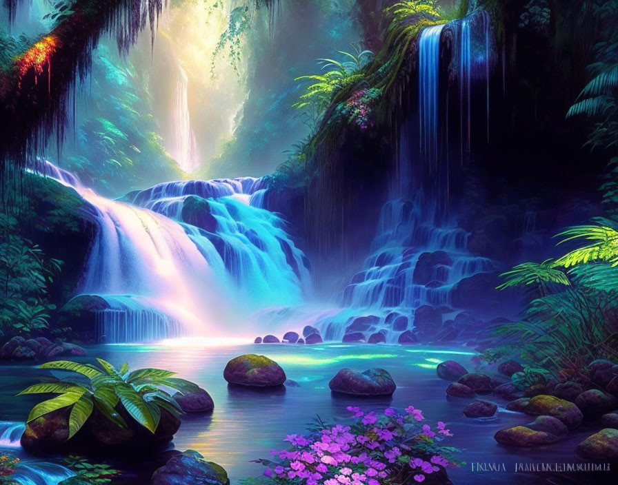 Vibrant blue waters in mystical jungle waterfall