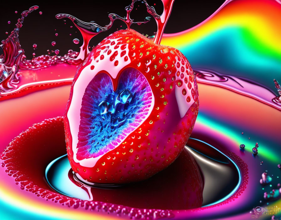 Digitally manipulated strawberry with blue heart core and colorful liquid waves