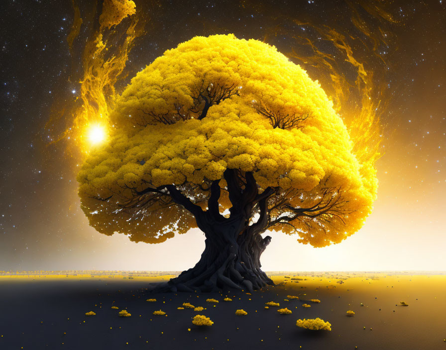 Majestic tree with yellow foliage under starry night sky