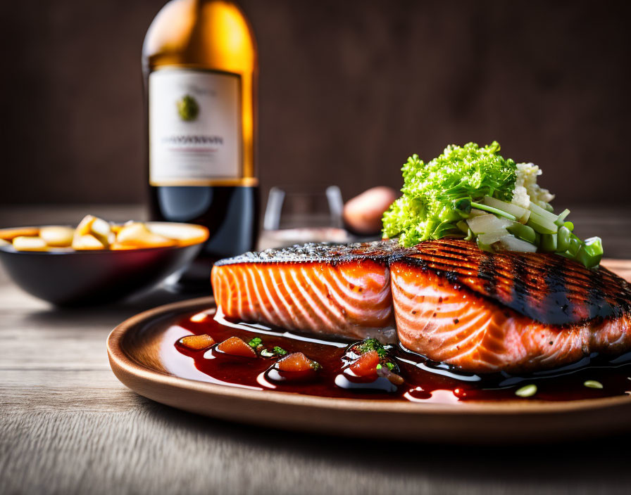 Salmon Fillet with Vegetables, Sauce, and Wine on Plate