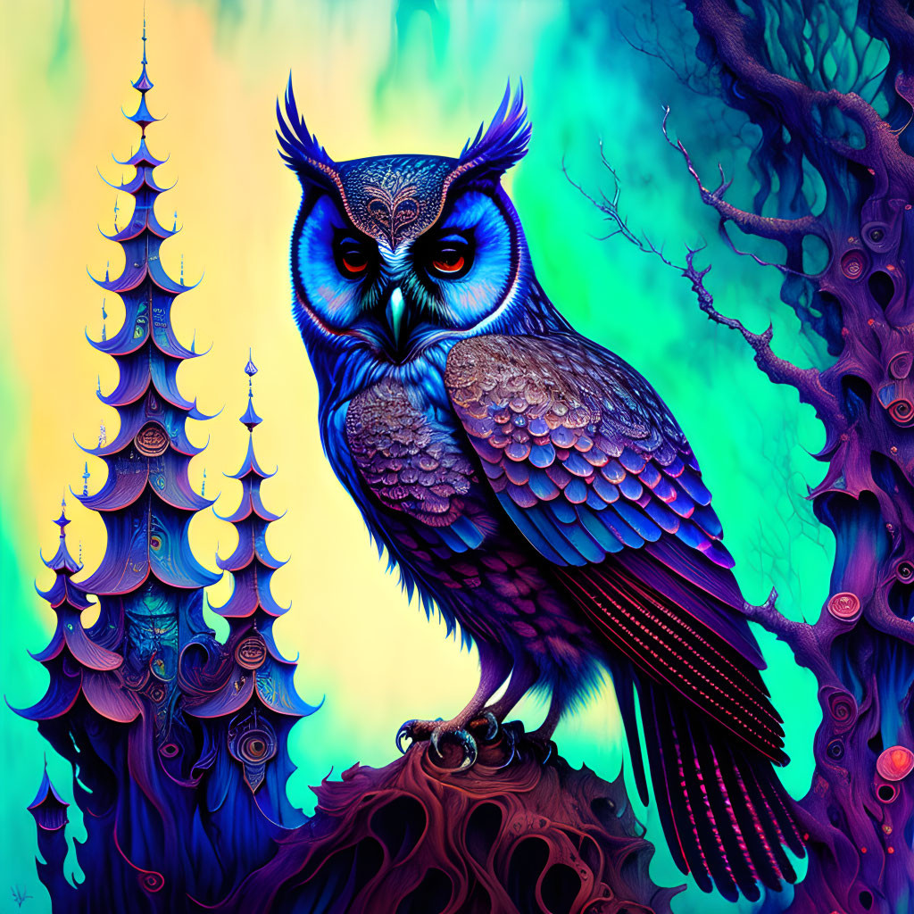 Colorful Stylized Owl Illustration in Whimsical Forest