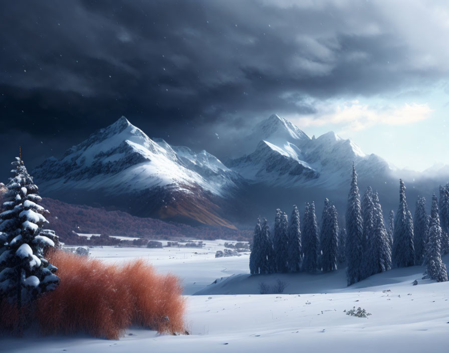 Snow-covered pine trees in serene winter landscape at dusk