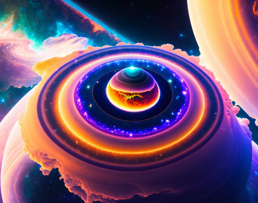 Colorful digital artwork: Cosmic whirlpool with planet, stars, and nebulae