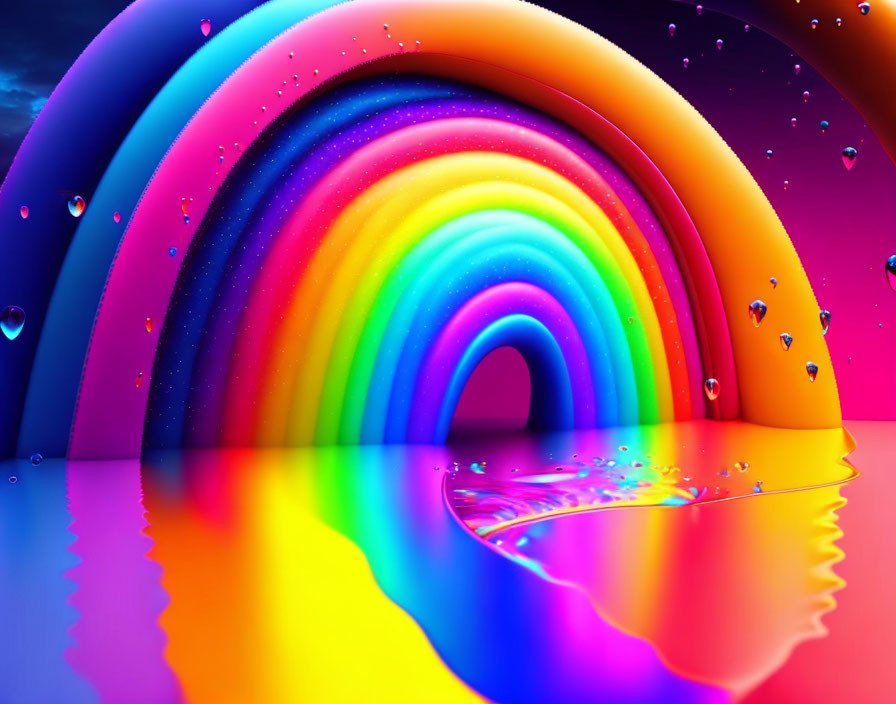 Colorful Rainbow Artwork with Glossy Surface and Water Droplets