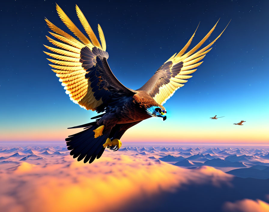 Majestic eagle soaring above serene sunset landscape