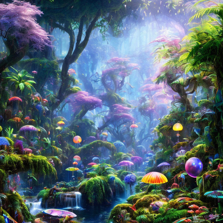 Mystical forest with glowing mushrooms and waterfalls