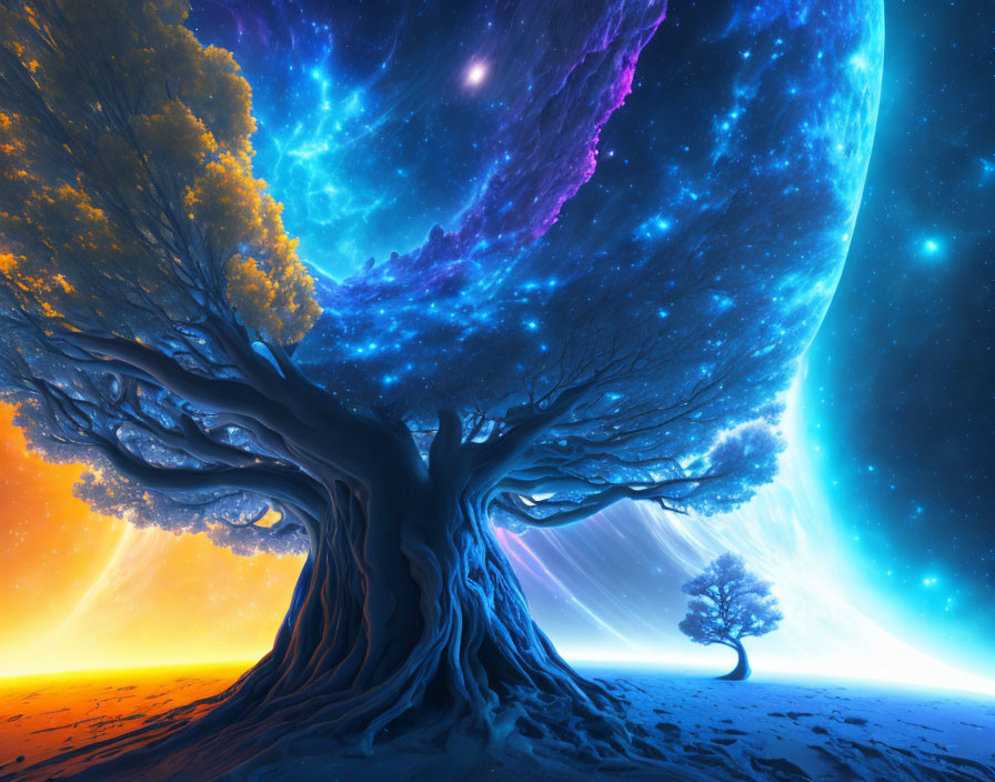 Majestic tree with vibrant leaves against cosmic backdrop on alien landscape