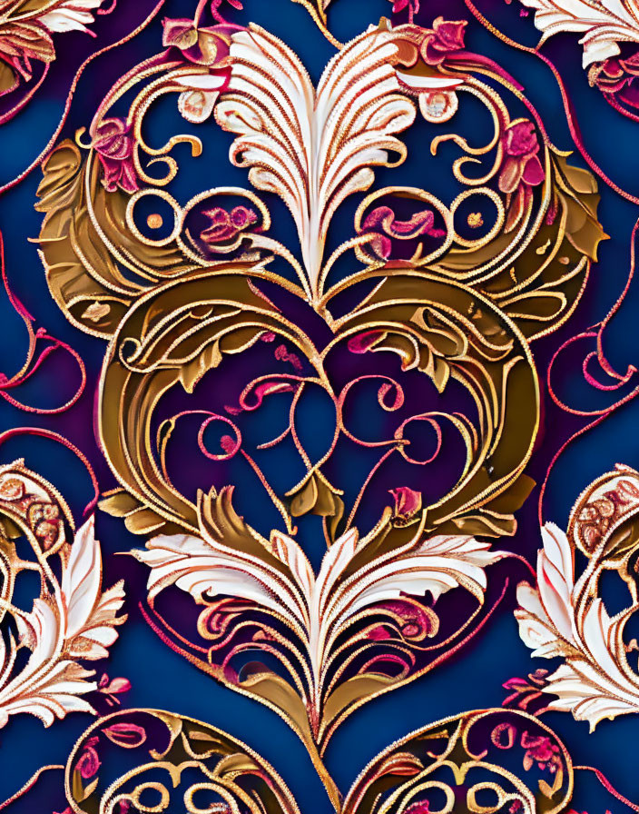 Luxurious golden swirls and floral motifs on deep blue background.