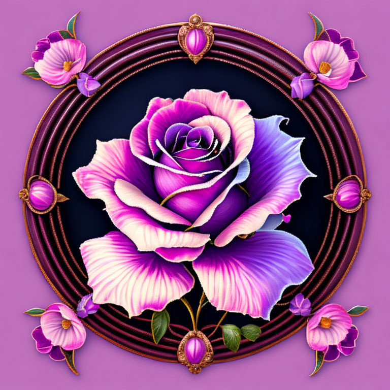 Vivid Purple Rose in Ornate Circular Bronze Frame