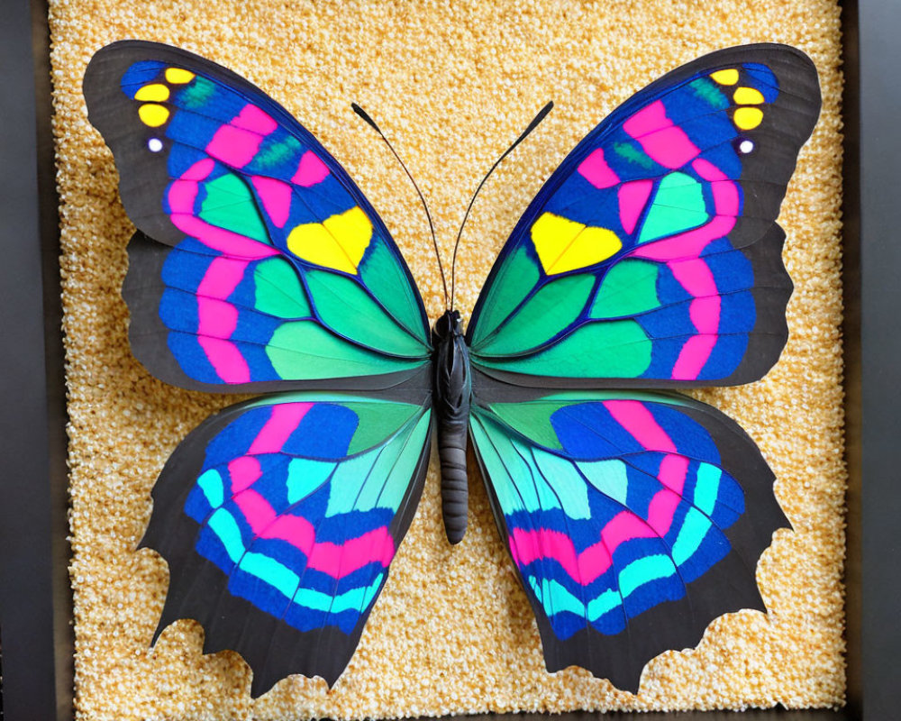 Colorful Butterfly Specimen on Yellow Background in Black Frame