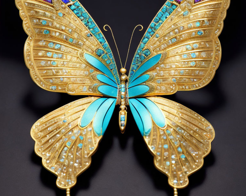 Gold Butterfly Brooch with Blue Enamel Wings and Jewel Encrusted Details