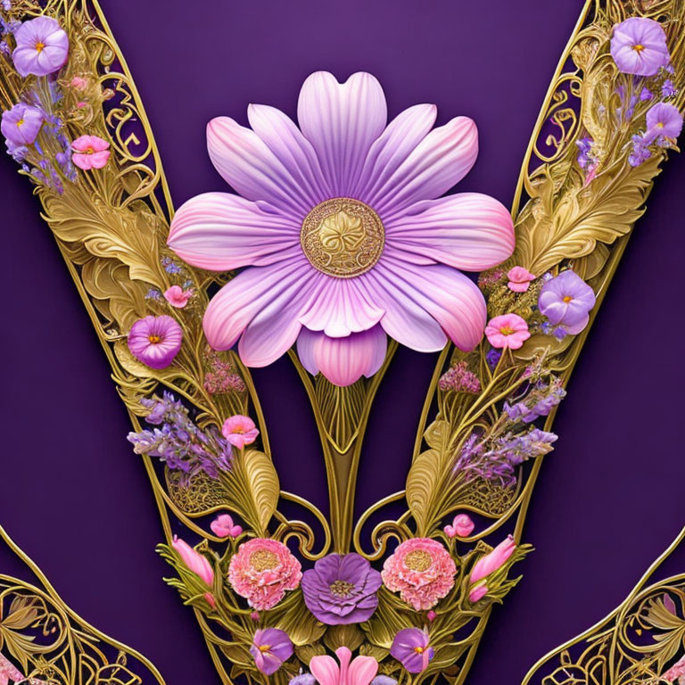 Symmetrical Floral Design with Pink Flower and Gold Embellishments