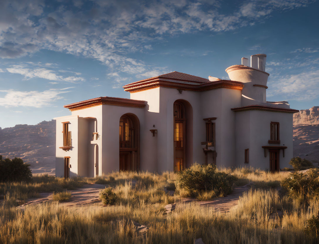 Mediterranean-style villa with terracotta roof tiles at sunset