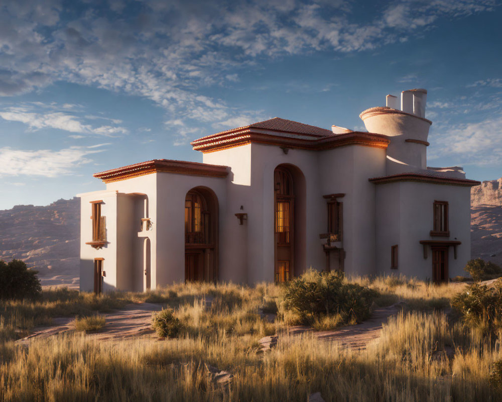 Mediterranean-style villa with terracotta roof tiles at sunset