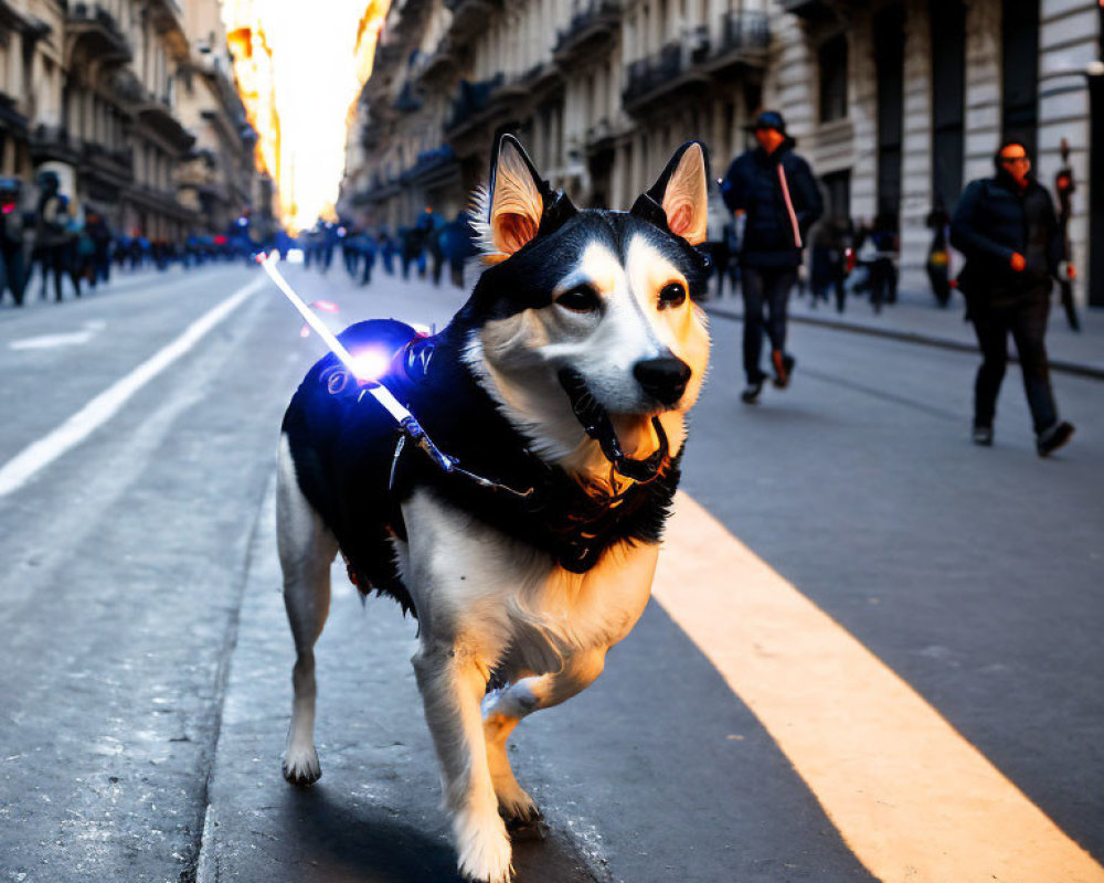 Blue glowing strap on dog harness walking in urban sunset scene