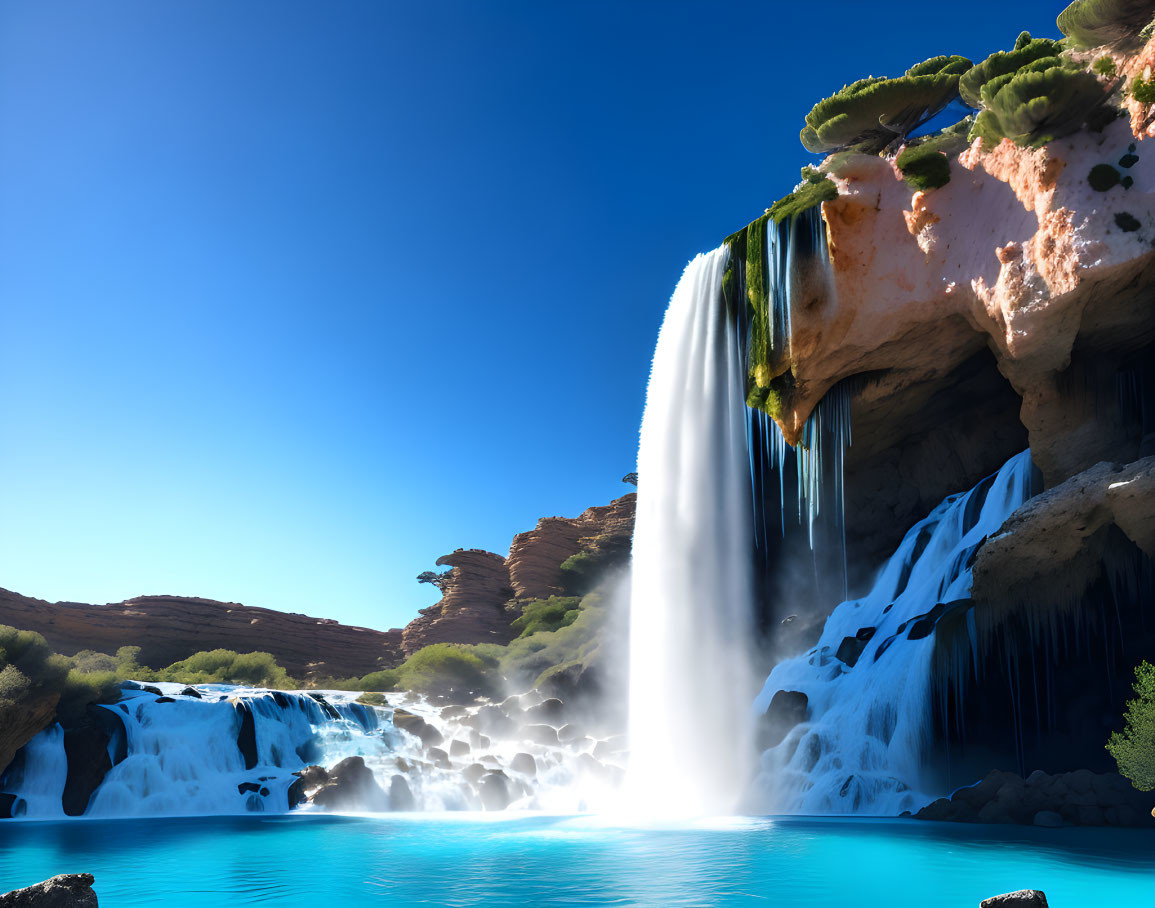 Tranquil turquoise waterfall in rocky pool under blue sky