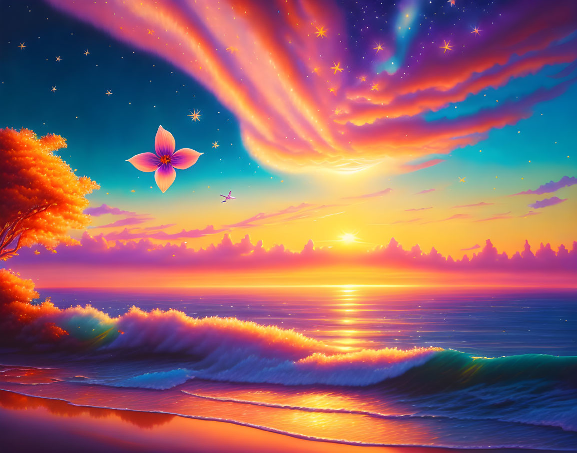 Colorful sunset artwork featuring starry night, floating flower, crashing waves, and bird silhouettes