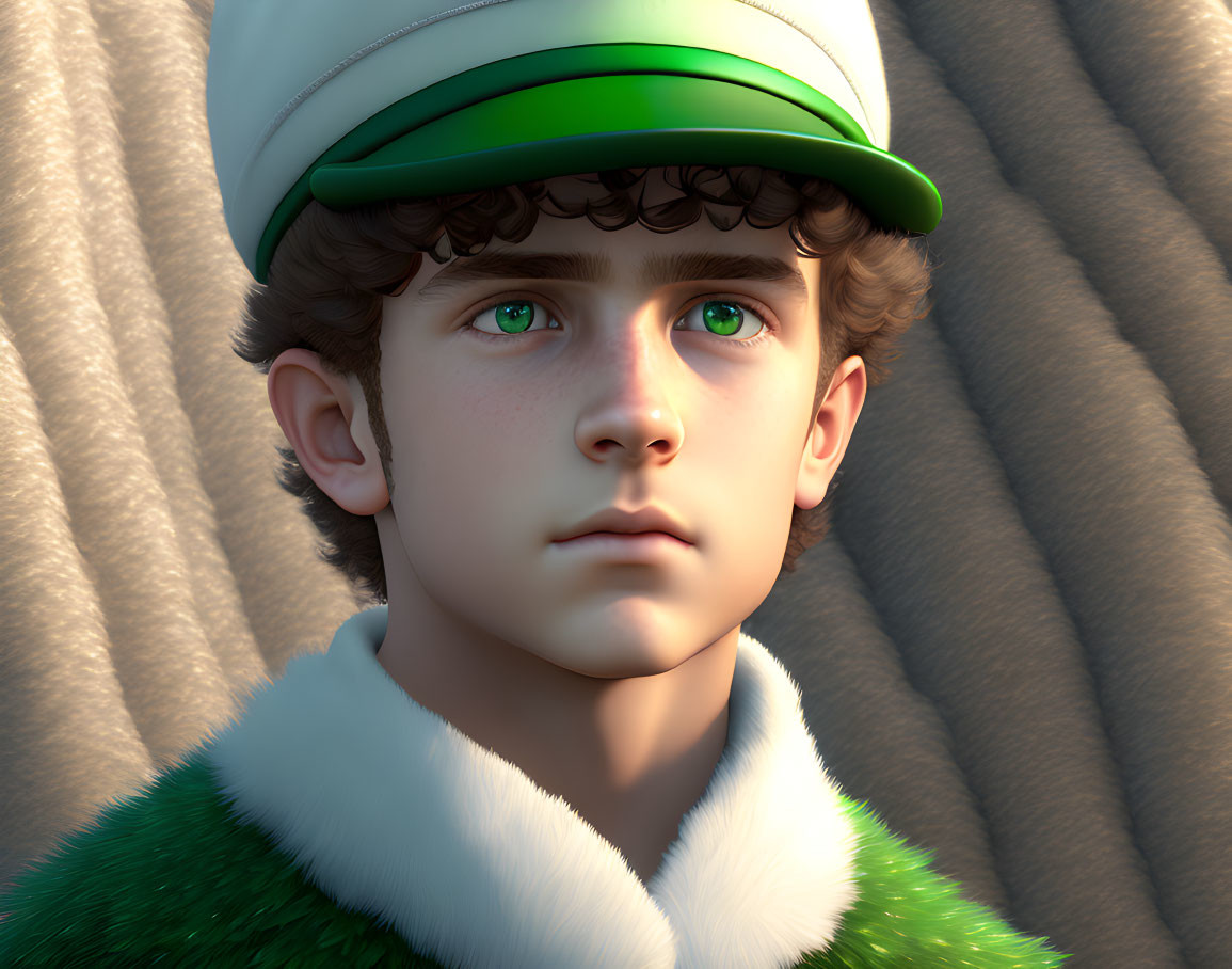 Young male with curly hair in white and green attire and detailed green eyes.